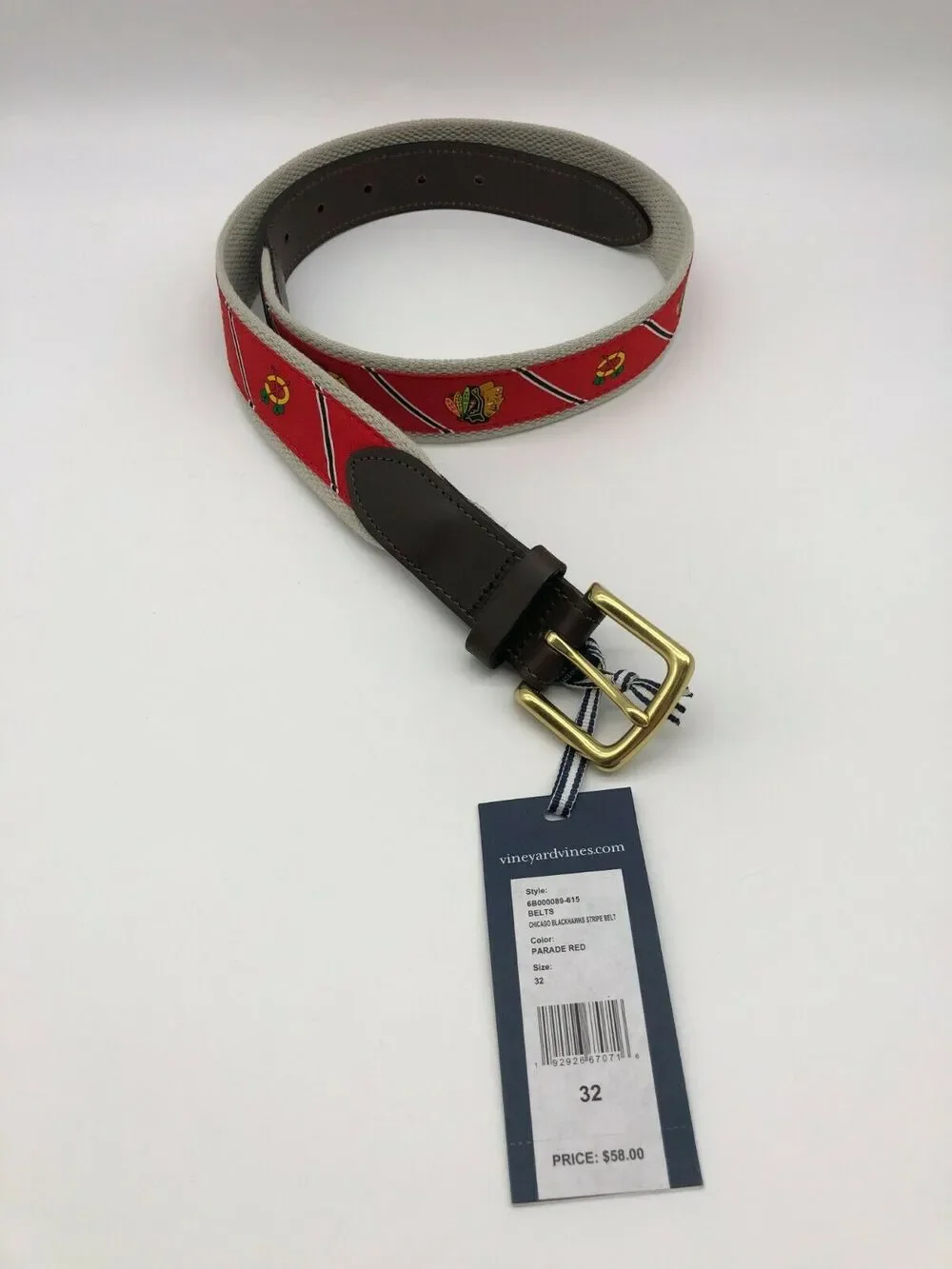 Vineyard Vines Chicago Blackhawks Men's Belt Size 32 NWT MSRP $58